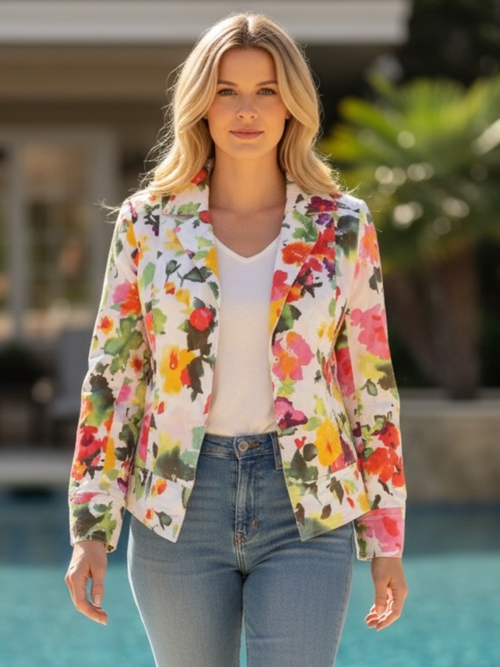 Women's Floral Watercolor Blazer Jacket - White Multi